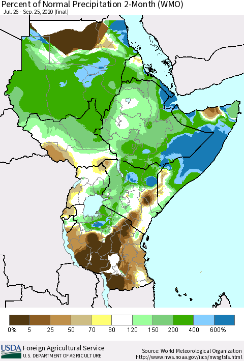 Eastern Africa Percent of Normal Precipitation 2-Month (WMO) Thematic Map For 7/26/2020 - 9/25/2020