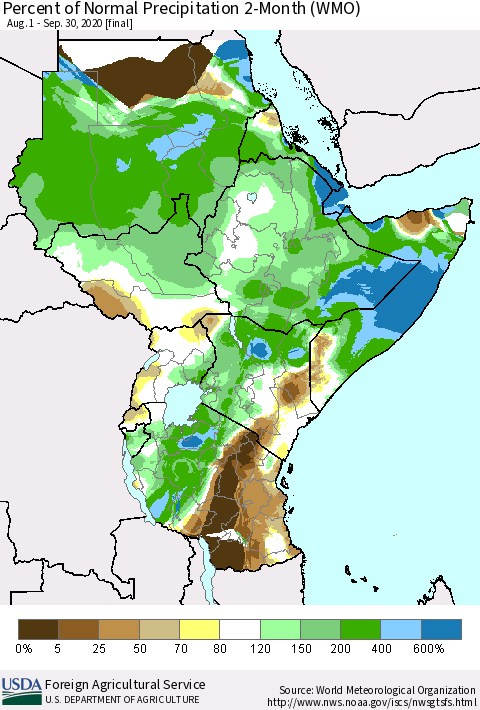 Eastern Africa Percent of Normal Precipitation 2-Month (WMO) Thematic Map For 8/1/2020 - 9/30/2020