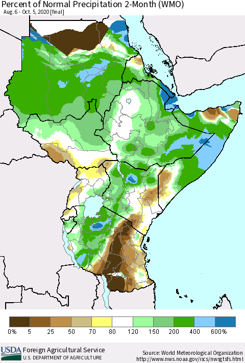 Eastern Africa Percent of Normal Precipitation 2-Month (WMO) Thematic Map For 8/6/2020 - 10/5/2020