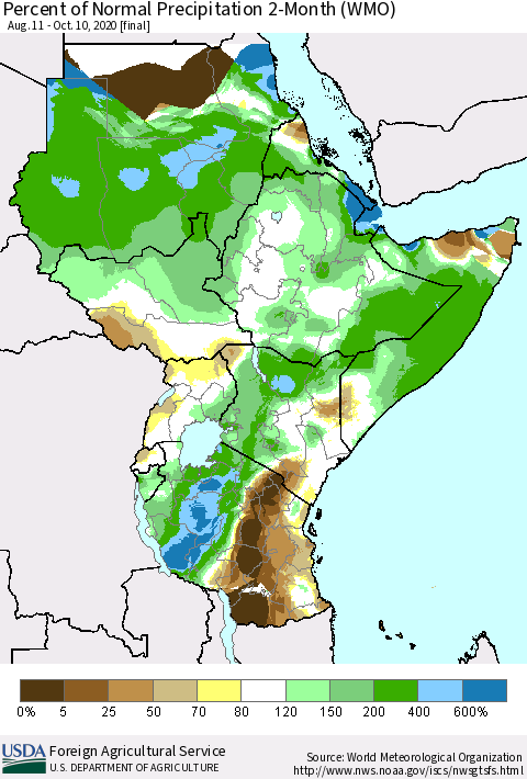 Eastern Africa Percent of Normal Precipitation 2-Month (WMO) Thematic Map For 8/11/2020 - 10/10/2020