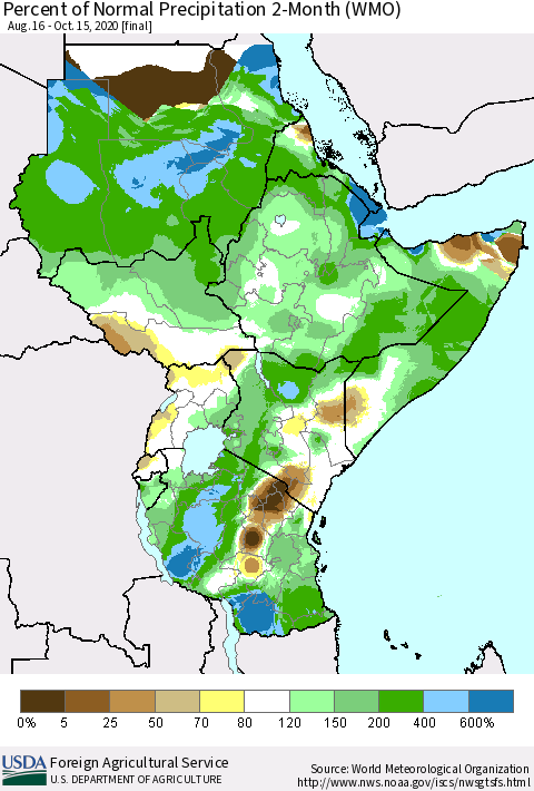 Eastern Africa Percent of Normal Precipitation 2-Month (WMO) Thematic Map For 8/16/2020 - 10/15/2020