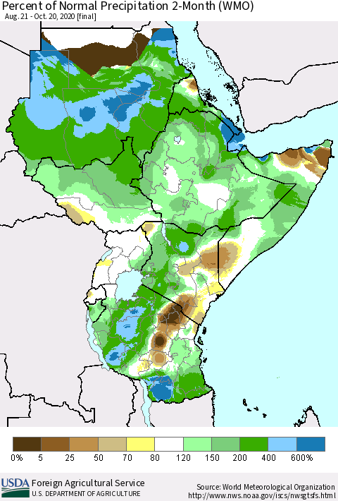 Eastern Africa Percent of Normal Precipitation 2-Month (WMO) Thematic Map For 8/21/2020 - 10/20/2020