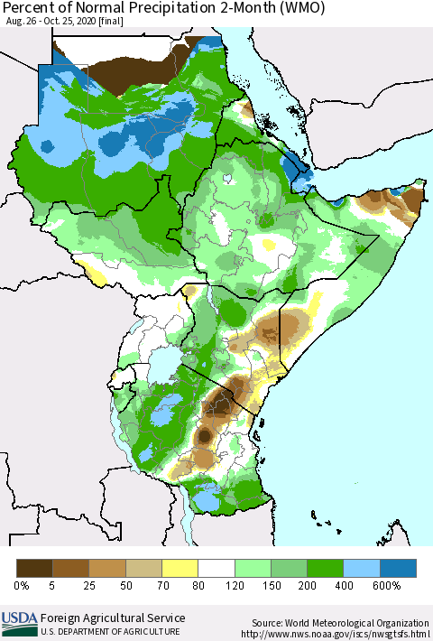 Eastern Africa Percent of Normal Precipitation 2-Month (WMO) Thematic Map For 8/26/2020 - 10/25/2020