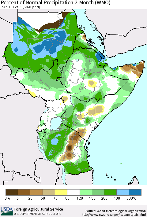 Eastern Africa Percent of Normal Precipitation 2-Month (WMO) Thematic Map For 9/1/2020 - 10/31/2020