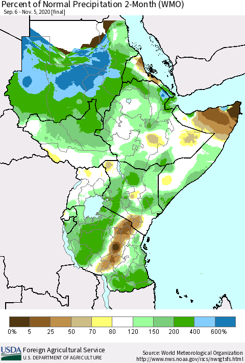 Eastern Africa Percent of Normal Precipitation 2-Month (WMO) Thematic Map For 9/6/2020 - 11/5/2020