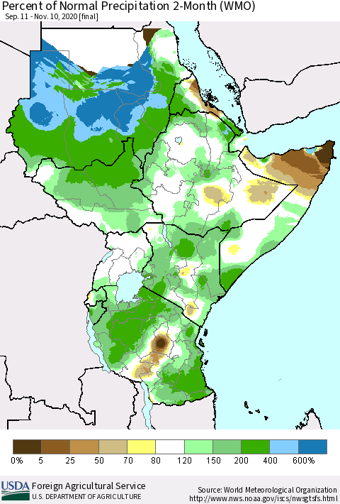 Eastern Africa Percent of Normal Precipitation 2-Month (WMO) Thematic Map For 9/11/2020 - 11/10/2020