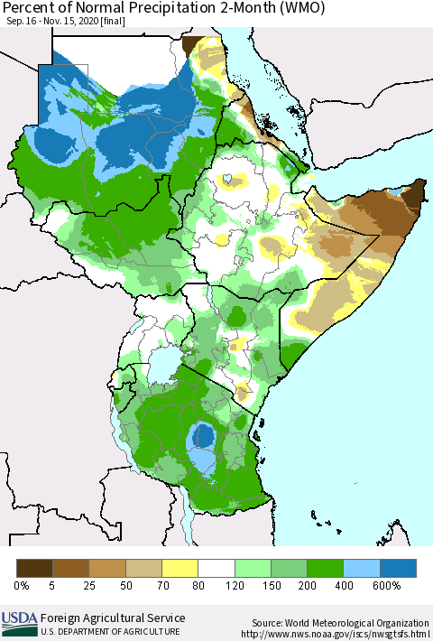 Eastern Africa Percent of Normal Precipitation 2-Month (WMO) Thematic Map For 9/16/2020 - 11/15/2020