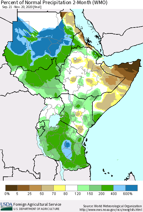 Eastern Africa Percent of Normal Precipitation 2-Month (WMO) Thematic Map For 9/21/2020 - 11/20/2020