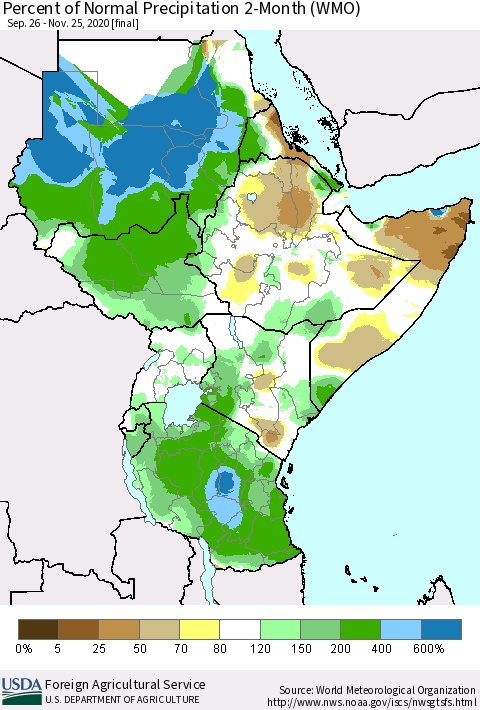 Eastern Africa Percent of Normal Precipitation 2-Month (WMO) Thematic Map For 9/26/2020 - 11/25/2020