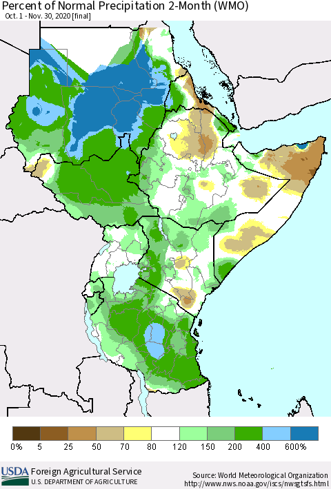 Eastern Africa Percent of Normal Precipitation 2-Month (WMO) Thematic Map For 10/1/2020 - 11/30/2020