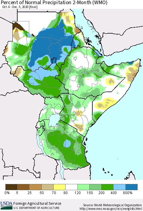 Eastern Africa Percent of Normal Precipitation 2-Month (WMO) Thematic Map For 10/6/2020 - 12/5/2020