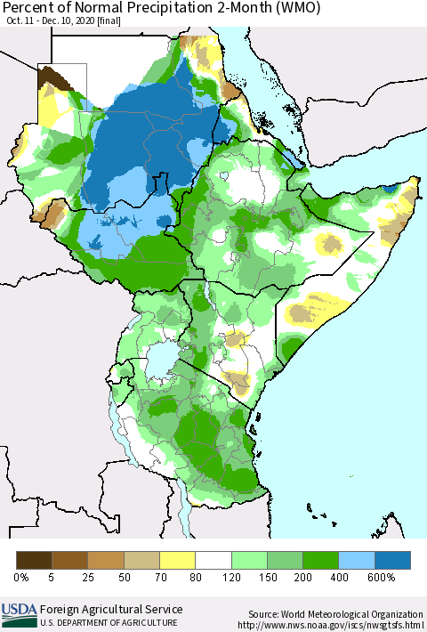 Eastern Africa Percent of Normal Precipitation 2-Month (WMO) Thematic Map For 10/11/2020 - 12/10/2020