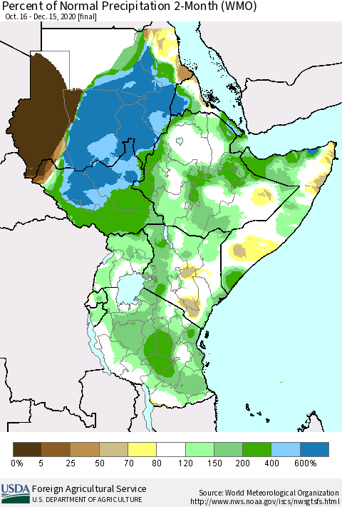 Eastern Africa Percent of Normal Precipitation 2-Month (WMO) Thematic Map For 10/16/2020 - 12/15/2020