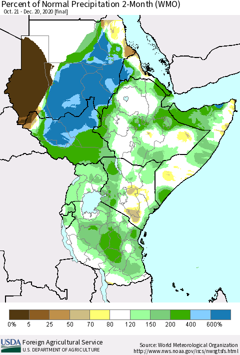 Eastern Africa Percent of Normal Precipitation 2-Month (WMO) Thematic Map For 10/21/2020 - 12/20/2020