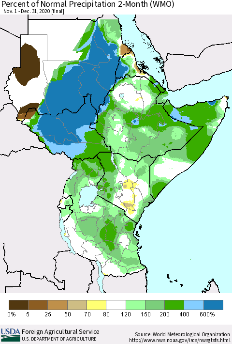 Eastern Africa Percent of Normal Precipitation 2-Month (WMO) Thematic Map For 11/1/2020 - 12/31/2020