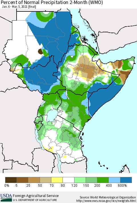Eastern Africa Percent of Normal Precipitation 2-Month (WMO) Thematic Map For 1/6/2021 - 3/5/2021