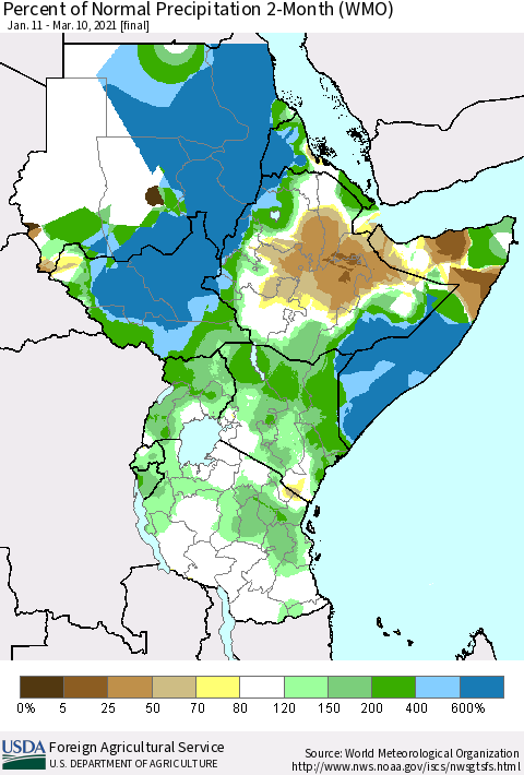 Eastern Africa Percent of Normal Precipitation 2-Month (WMO) Thematic Map For 1/11/2021 - 3/10/2021