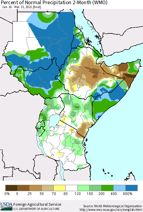 Eastern Africa Percent of Normal Precipitation 2-Month (WMO) Thematic Map For 1/16/2021 - 3/15/2021
