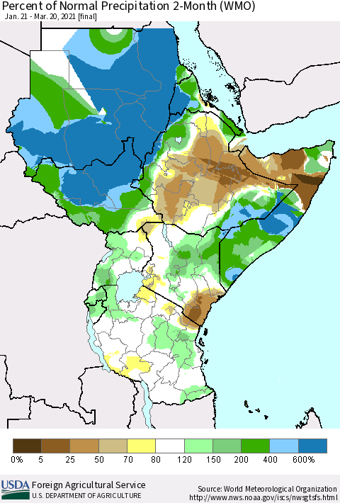 Eastern Africa Percent of Normal Precipitation 2-Month (WMO) Thematic Map For 1/21/2021 - 3/20/2021
