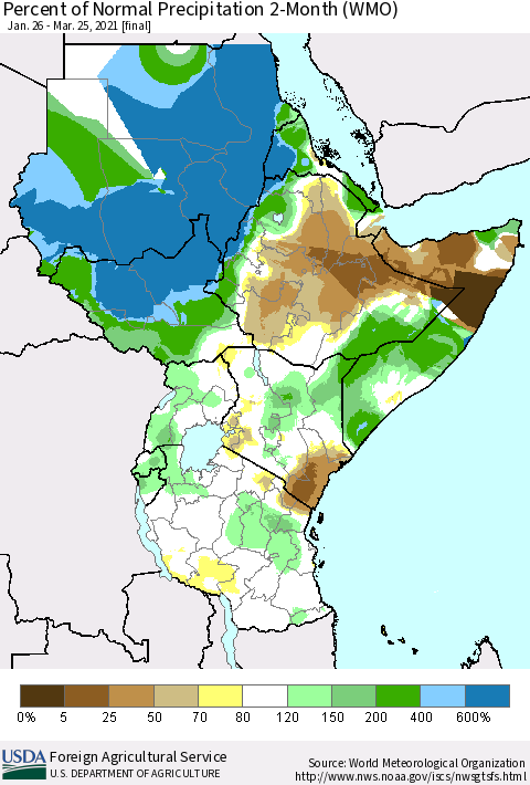 Eastern Africa Percent of Normal Precipitation 2-Month (WMO) Thematic Map For 1/26/2021 - 3/25/2021