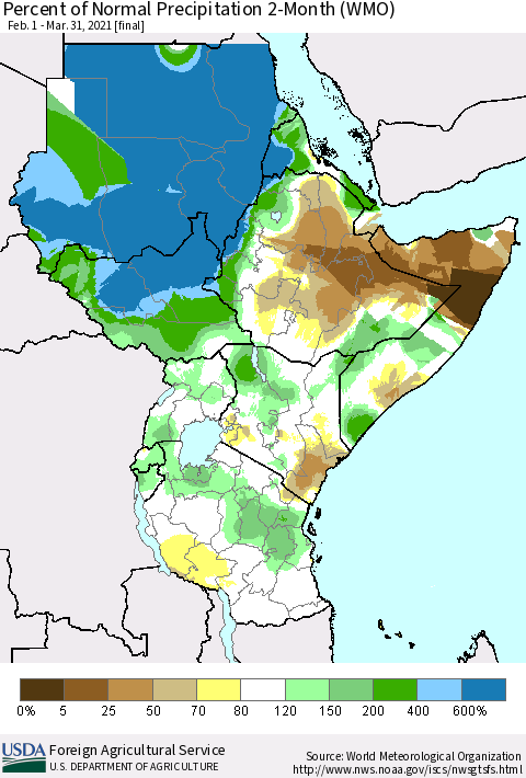 Eastern Africa Percent of Normal Precipitation 2-Month (WMO) Thematic Map For 2/1/2021 - 3/31/2021