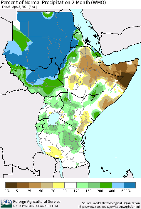 Eastern Africa Percent of Normal Precipitation 2-Month (WMO) Thematic Map For 2/6/2021 - 4/5/2021