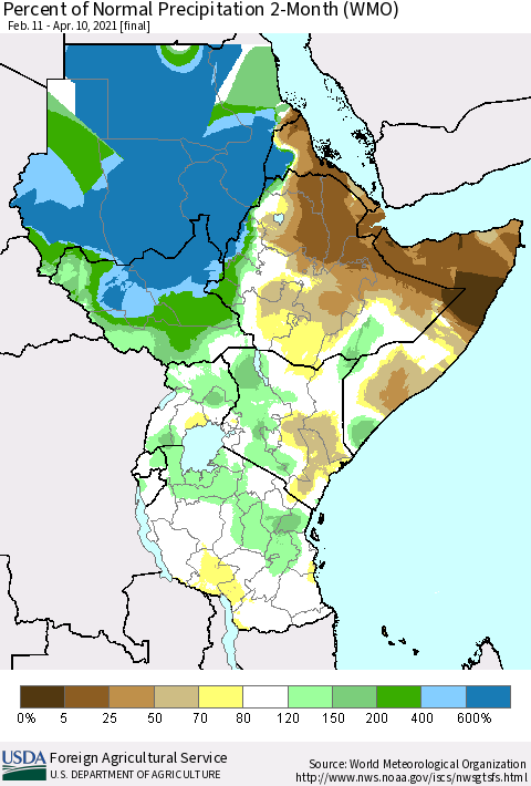 Eastern Africa Percent of Normal Precipitation 2-Month (WMO) Thematic Map For 2/11/2021 - 4/10/2021