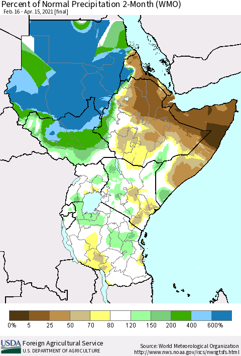Eastern Africa Percent of Normal Precipitation 2-Month (WMO) Thematic Map For 2/16/2021 - 4/15/2021