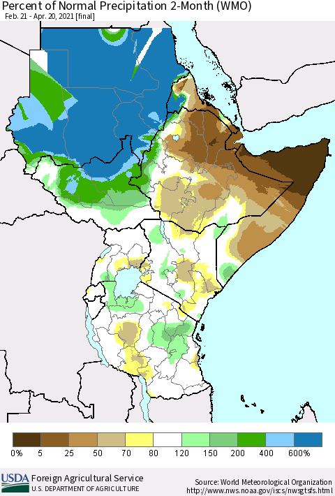 Eastern Africa Percent of Normal Precipitation 2-Month (WMO) Thematic Map For 2/21/2021 - 4/20/2021