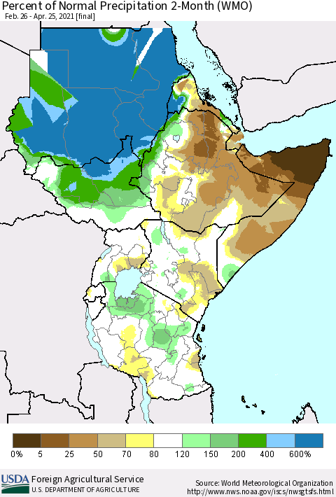 Eastern Africa Percent of Normal Precipitation 2-Month (WMO) Thematic Map For 2/26/2021 - 4/25/2021