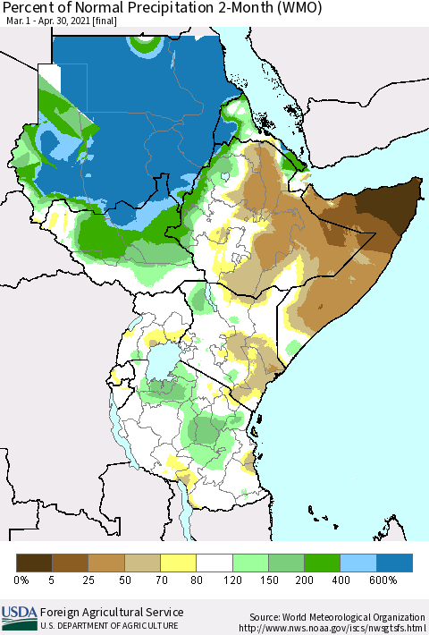 Eastern Africa Percent of Normal Precipitation 2-Month (WMO) Thematic Map For 3/1/2021 - 4/30/2021