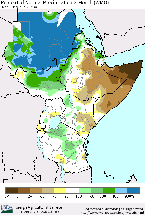 Eastern Africa Percent of Normal Precipitation 2-Month (WMO) Thematic Map For 3/6/2021 - 5/5/2021