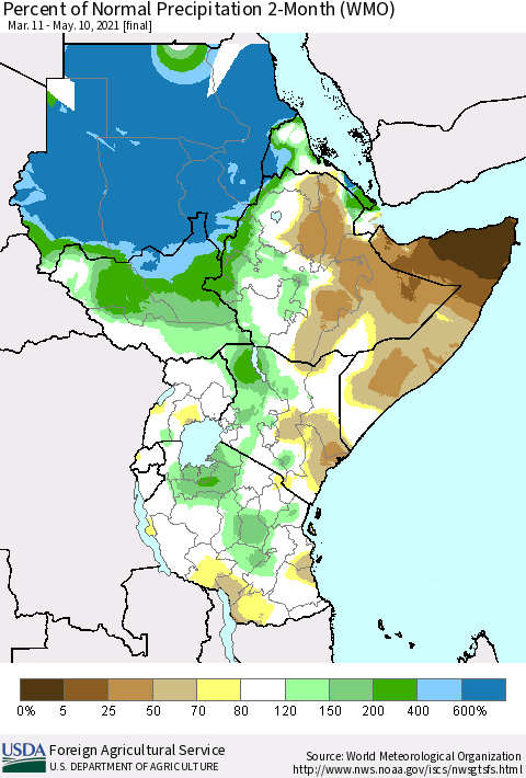 Eastern Africa Percent of Normal Precipitation 2-Month (WMO) Thematic Map For 3/11/2021 - 5/10/2021