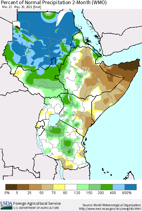 Eastern Africa Percent of Normal Precipitation 2-Month (WMO) Thematic Map For 3/21/2021 - 5/20/2021