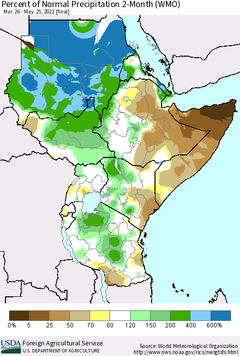 Eastern Africa Percent of Normal Precipitation 2-Month (WMO) Thematic Map For 3/26/2021 - 5/25/2021