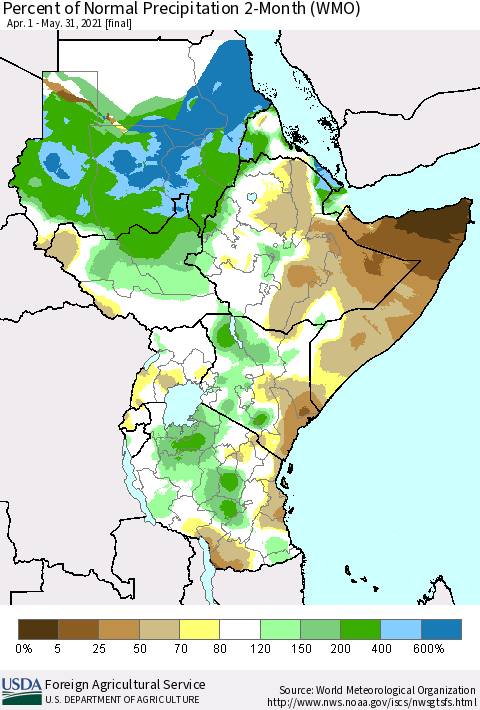 Eastern Africa Percent of Normal Precipitation 2-Month (WMO) Thematic Map For 4/1/2021 - 5/31/2021