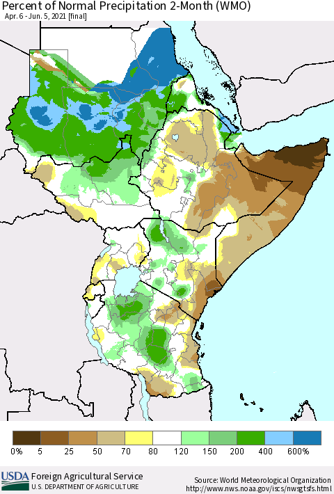 Eastern Africa Percent of Normal Precipitation 2-Month (WMO) Thematic Map For 4/6/2021 - 6/5/2021