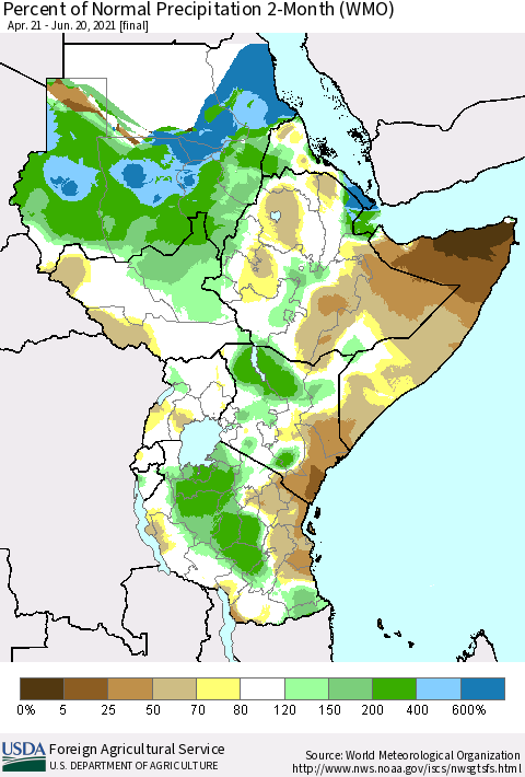 Eastern Africa Percent of Normal Precipitation 2-Month (WMO) Thematic Map For 4/21/2021 - 6/20/2021