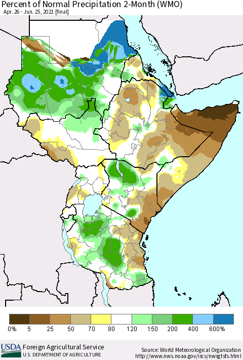 Eastern Africa Percent of Normal Precipitation 2-Month (WMO) Thematic Map For 4/26/2021 - 6/25/2021