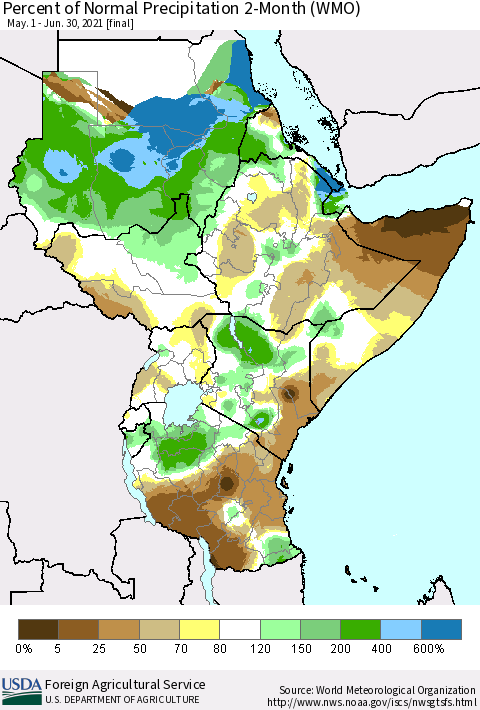 Eastern Africa Percent of Normal Precipitation 2-Month (WMO) Thematic Map For 5/1/2021 - 6/30/2021