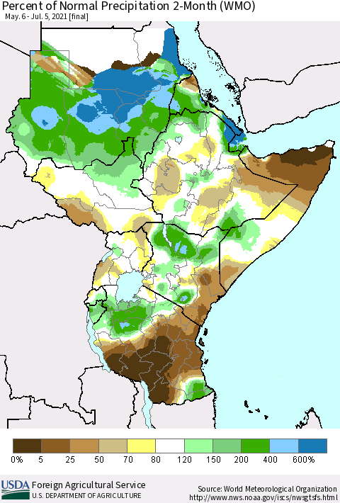 Eastern Africa Percent of Normal Precipitation 2-Month (WMO) Thematic Map For 5/6/2021 - 7/5/2021