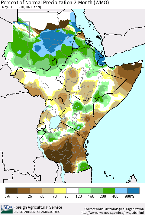 Eastern Africa Percent of Normal Precipitation 2-Month (WMO) Thematic Map For 5/11/2021 - 7/10/2021