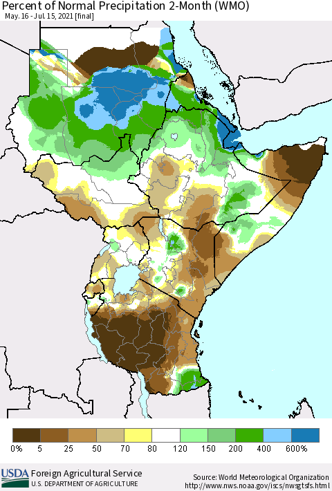 Eastern Africa Percent of Normal Precipitation 2-Month (WMO) Thematic Map For 5/16/2021 - 7/15/2021