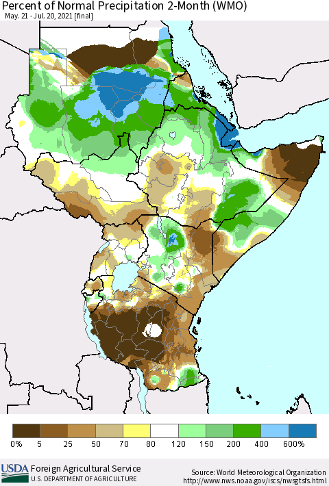 Eastern Africa Percent of Normal Precipitation 2-Month (WMO) Thematic Map For 5/21/2021 - 7/20/2021