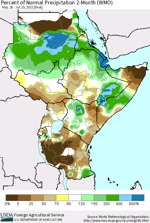 Eastern Africa Percent of Normal Precipitation 2-Month (WMO) Thematic Map For 5/26/2021 - 7/25/2021