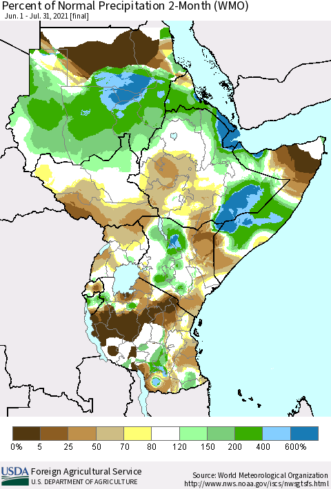 Eastern Africa Percent of Normal Precipitation 2-Month (WMO) Thematic Map For 6/1/2021 - 7/31/2021
