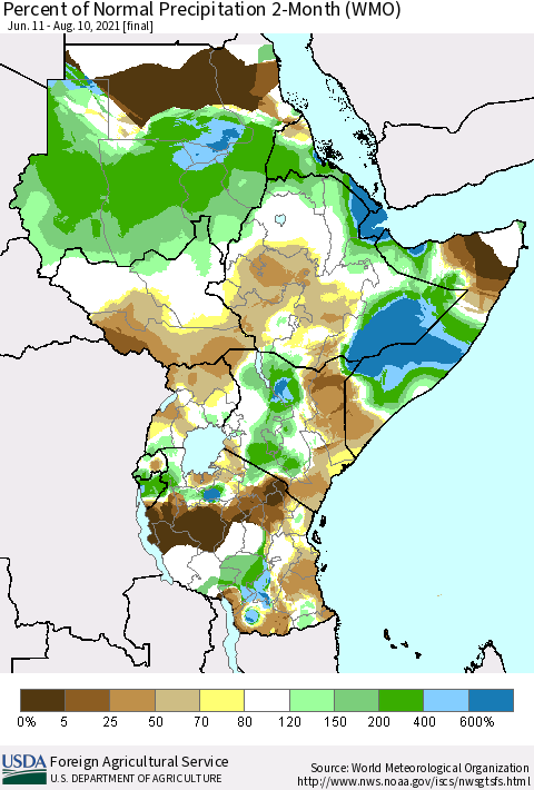 Eastern Africa Percent of Normal Precipitation 2-Month (WMO) Thematic Map For 6/11/2021 - 8/10/2021