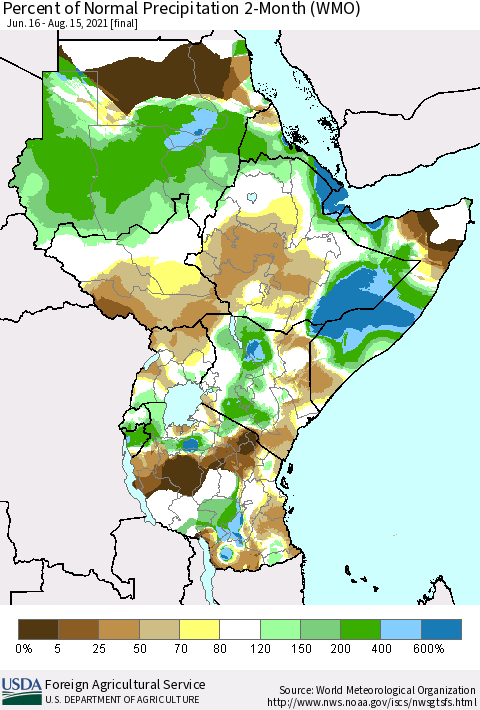 Eastern Africa Percent of Normal Precipitation 2-Month (WMO) Thematic Map For 6/16/2021 - 8/15/2021
