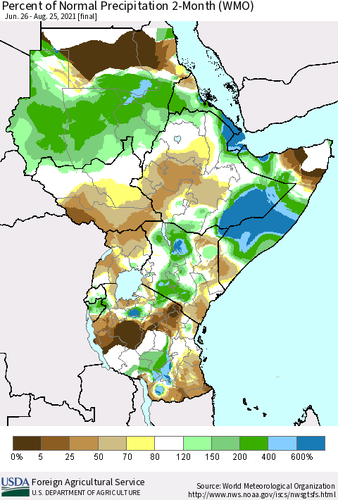 Eastern Africa Percent of Normal Precipitation 2-Month (WMO) Thematic Map For 6/26/2021 - 8/25/2021