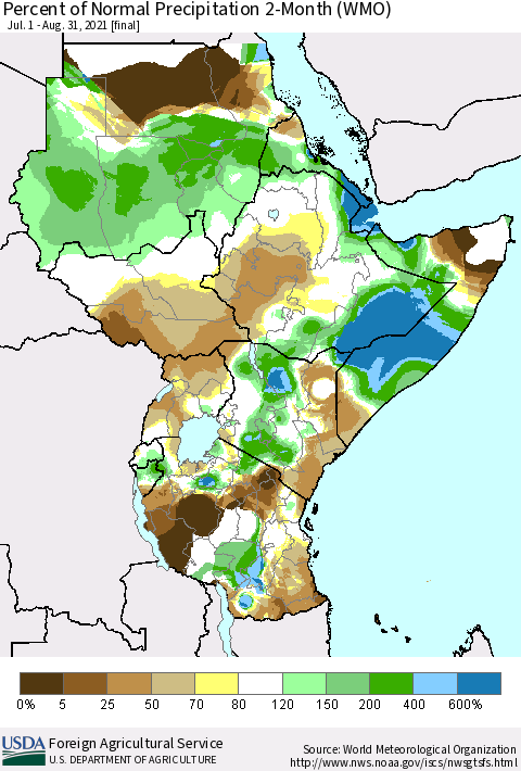 Eastern Africa Percent of Normal Precipitation 2-Month (WMO) Thematic Map For 7/1/2021 - 8/31/2021